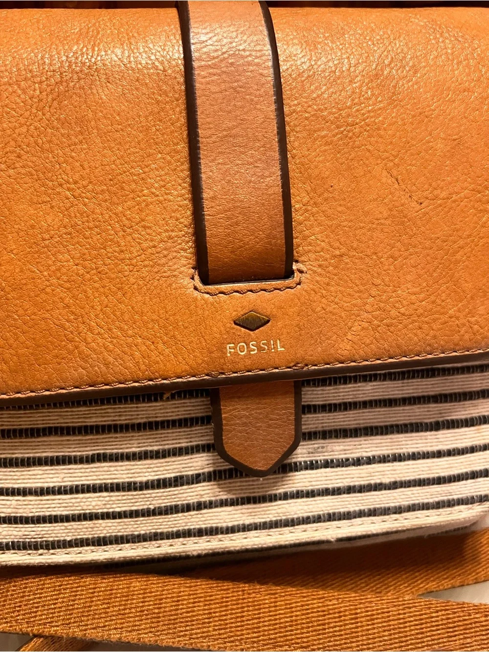 Fossil Tan & Cream Leather  with Striped Canvas Pocket crossbody bag